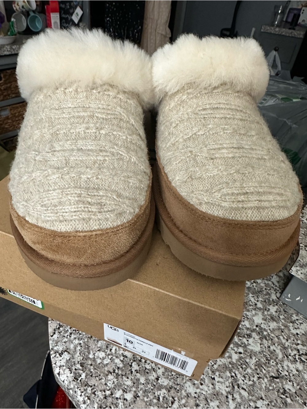 UGG Cozy Knit & Suede Shearling Slipper in Cream and Tan